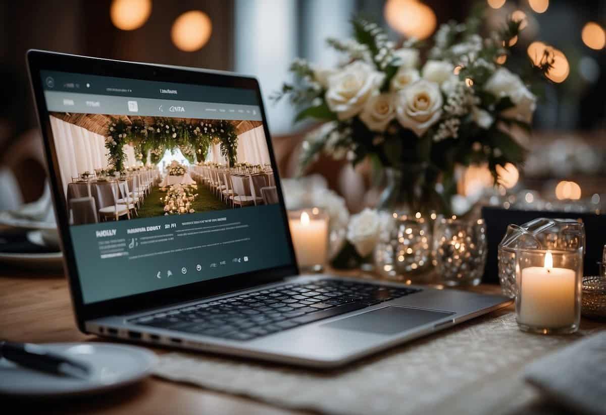 A laptop with a wedding website on the screen, surrounded by wedding-themed decorations and a calculator