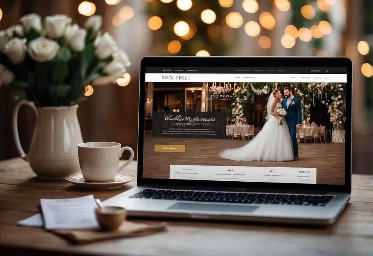 A laptop with a wedding website design on the screen, surrounded by wedding-related decorations and a price tag indicating cost