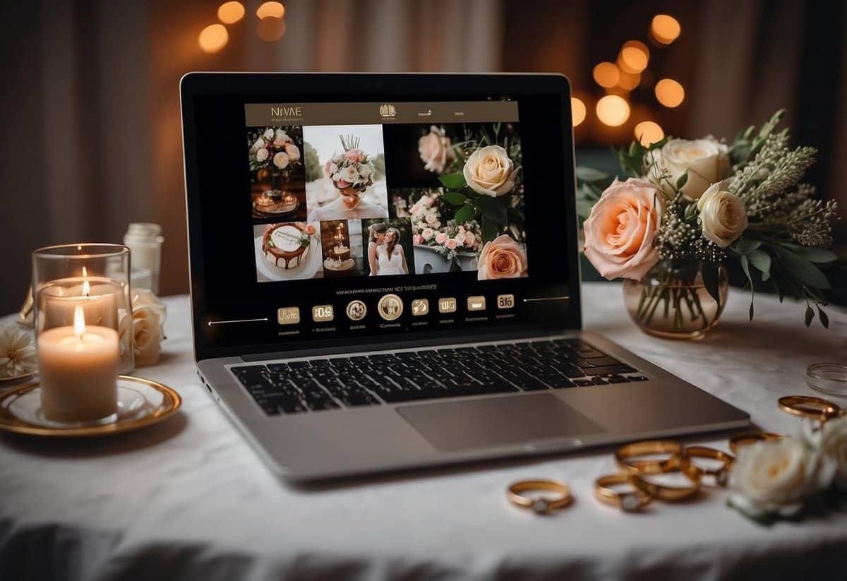 A laptop with a wedding website on the screen, surrounded by various wedding-related items like rings, flowers, and a cake