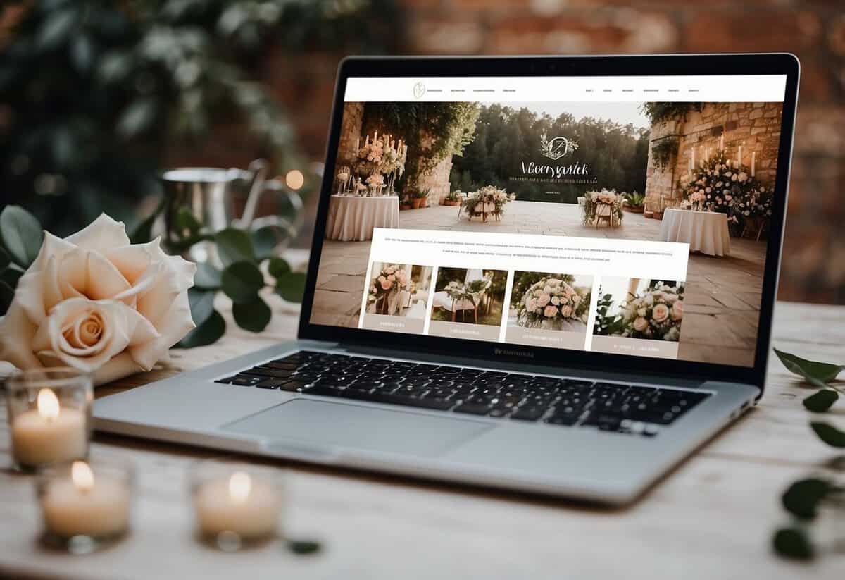 A laptop displaying a wedding website with minimalist design, surrounded by small wedding decor and a cozy setting