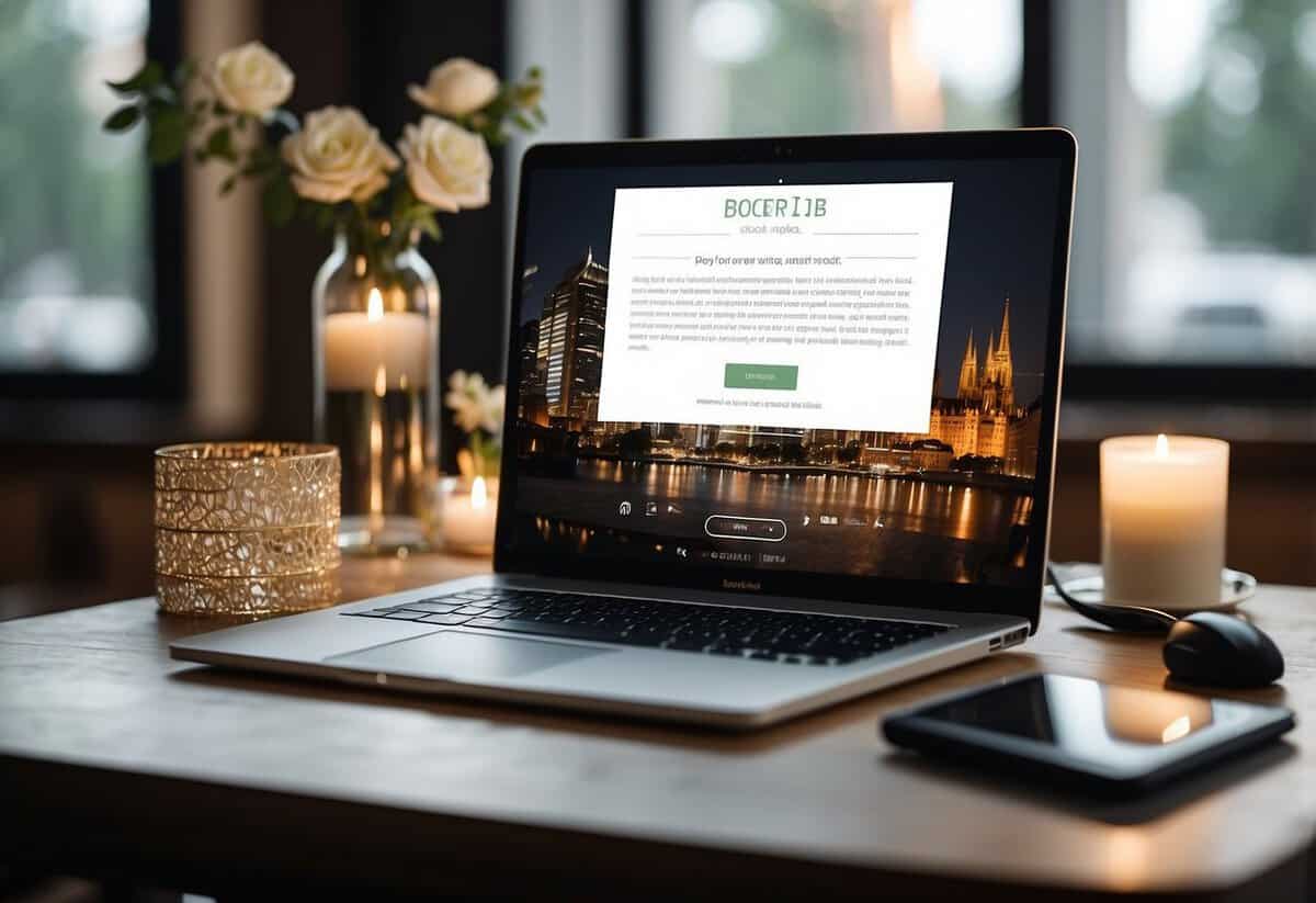 A laptop open on a desk, with a wedding website displayed on the screen. A checklist of needs and a small wedding guest list visible