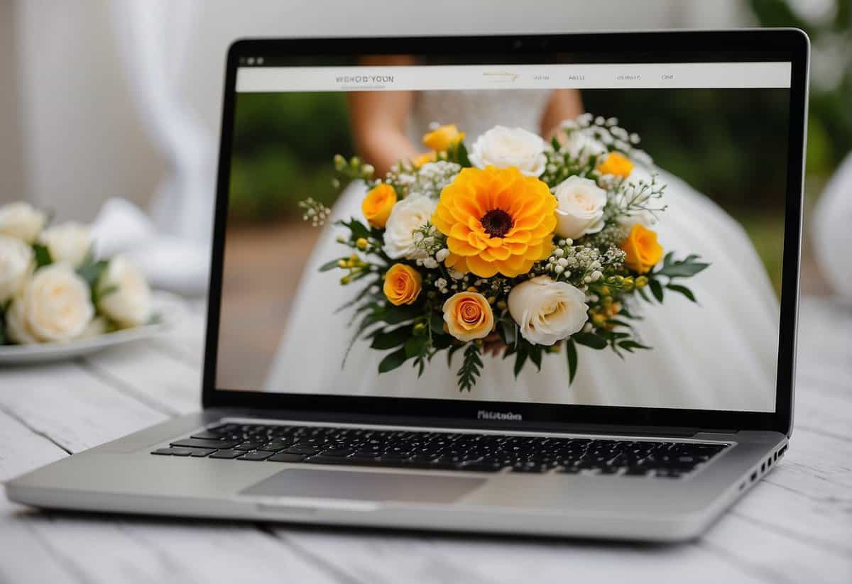 A laptop displaying a wedding website with a simple and elegant design, featuring details about the small wedding