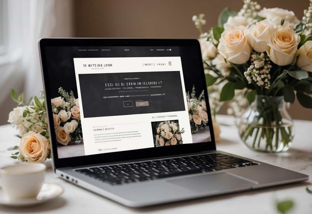 A laptop displaying a wedding website with essential details, surrounded by elegant wedding invitations and a bouquet of flowers