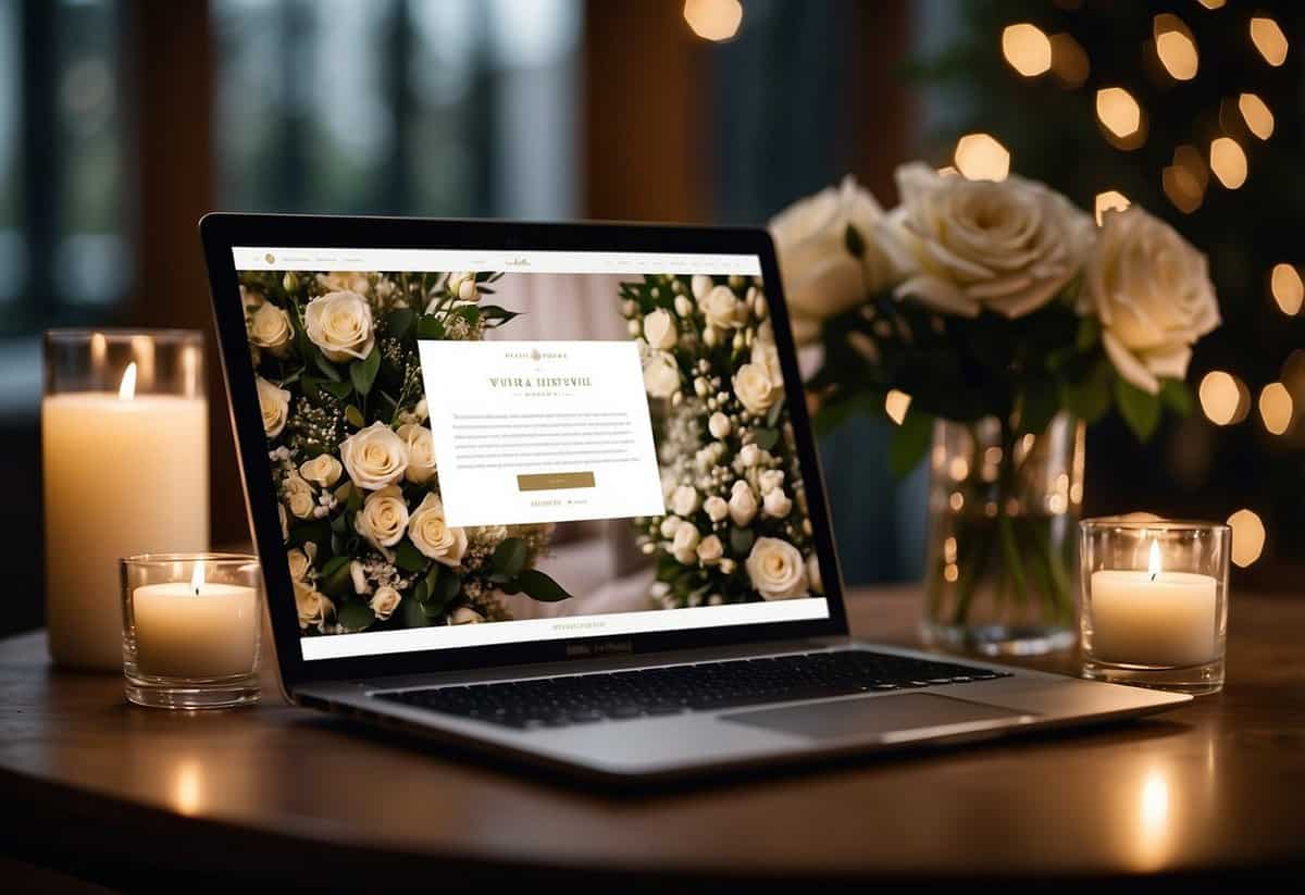 A laptop displaying a wedding website with clear navigation and RSVP options, surrounded by elegant wedding decor and a cozy atmosphere