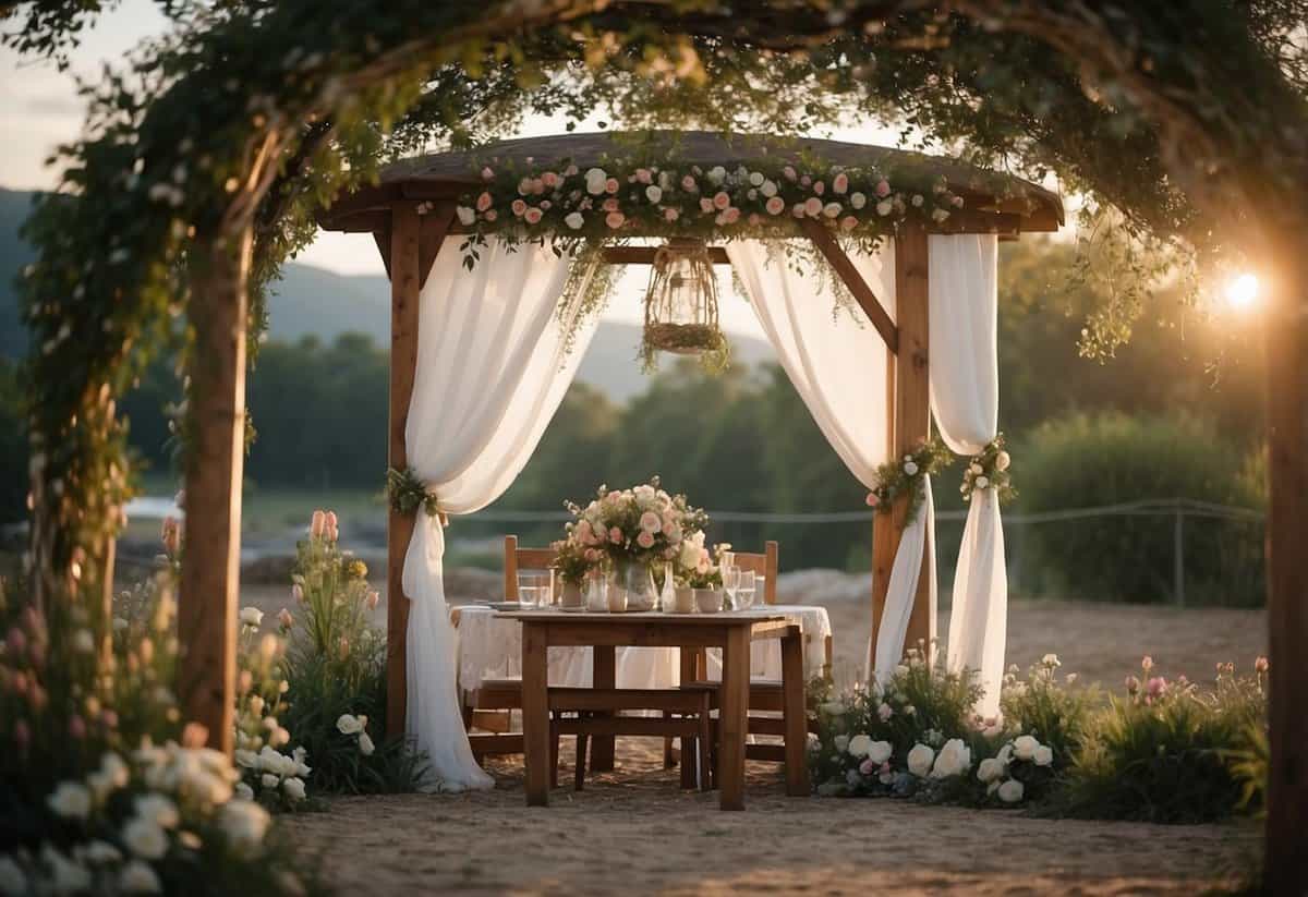 A small wedding scene with a rustic outdoor setting, floral arch, and simple seating. A small gazebo or canopy, with soft string lights, and a small table set for a wedding meal