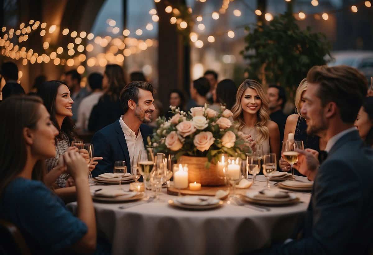 A cozy venue with floral decor, soft lighting, and a small group of guests celebrating