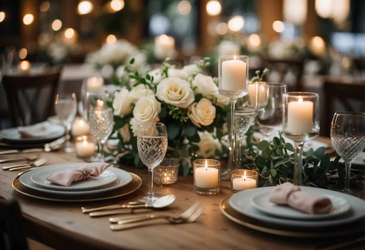 A table set with elegant place settings, floral centerpieces, and wedding favors. A small wedding venue with soft lighting and romantic ambiance