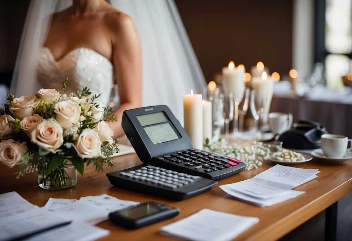 A bride surrounded by various wedding expenses, such as venue, catering, and decor. A calculator and budget spreadsheet are visible