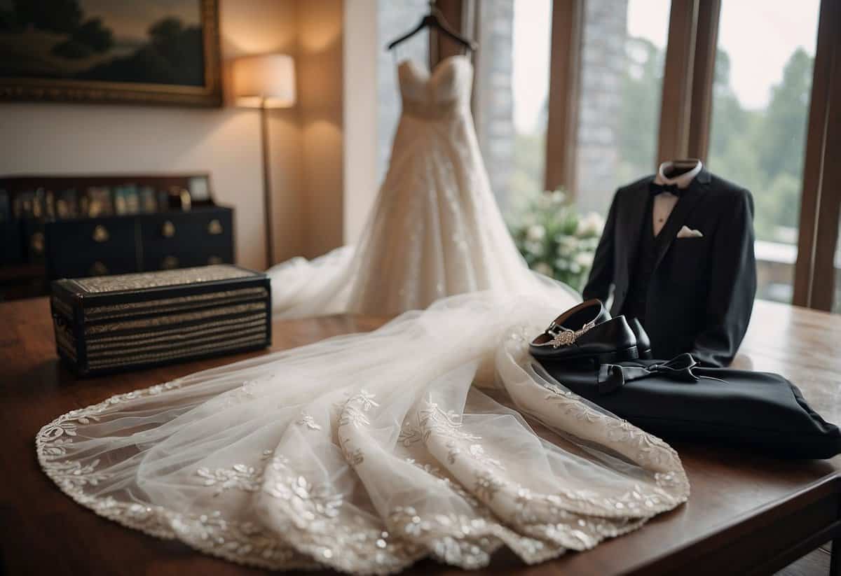 A bride's gown, veil, and accessories laid out on a table with a price list, while a groom's suit and tie are displayed nearby