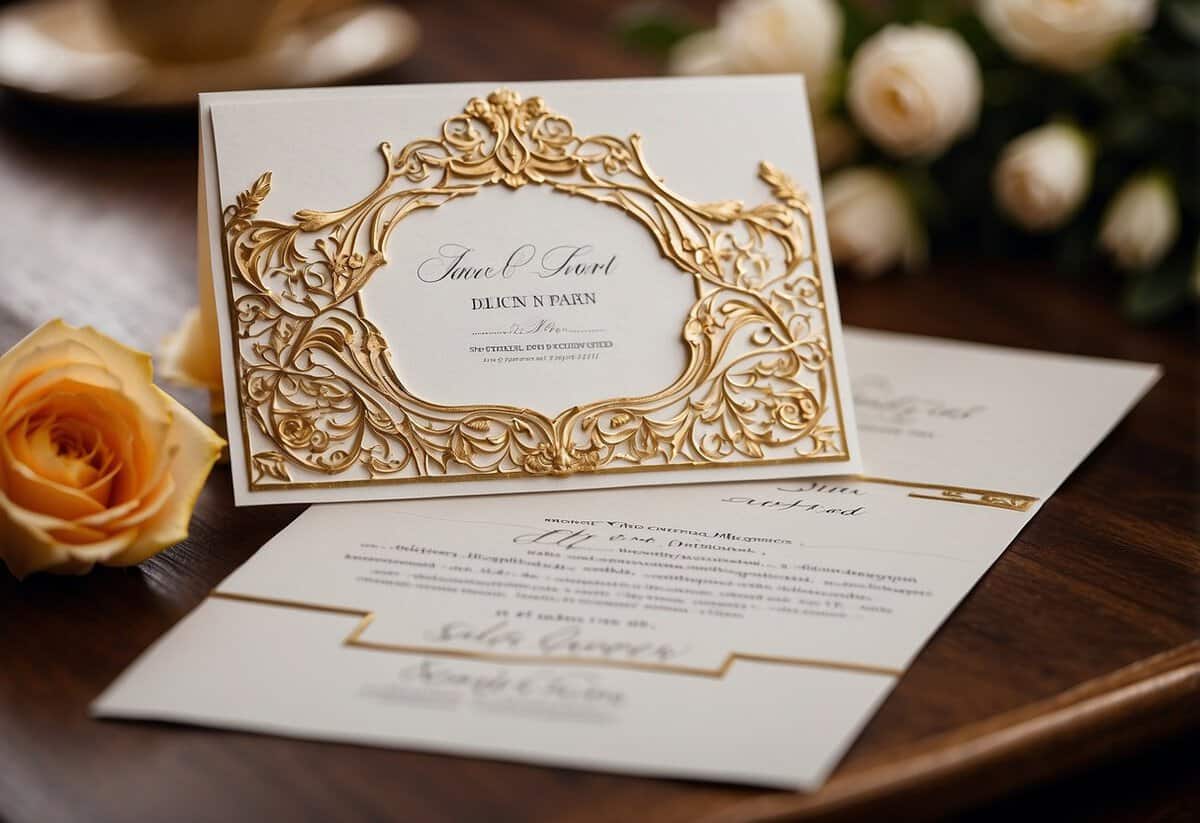 A pile of elegant wedding invitations scattered on a table, with several marked "declined" in ornate calligraphy
