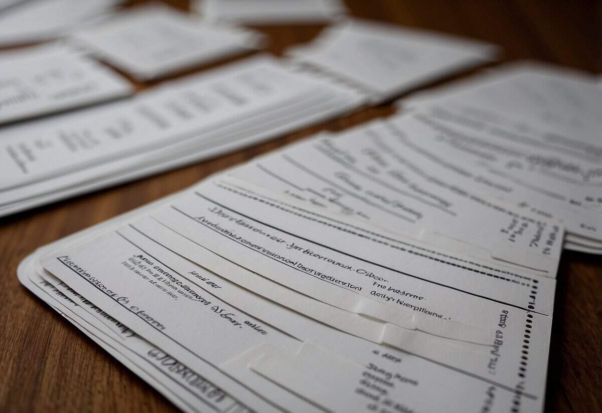 A stack of RSVP cards with varying decline responses, alongside a chart showing expected attendance rates for a wedding