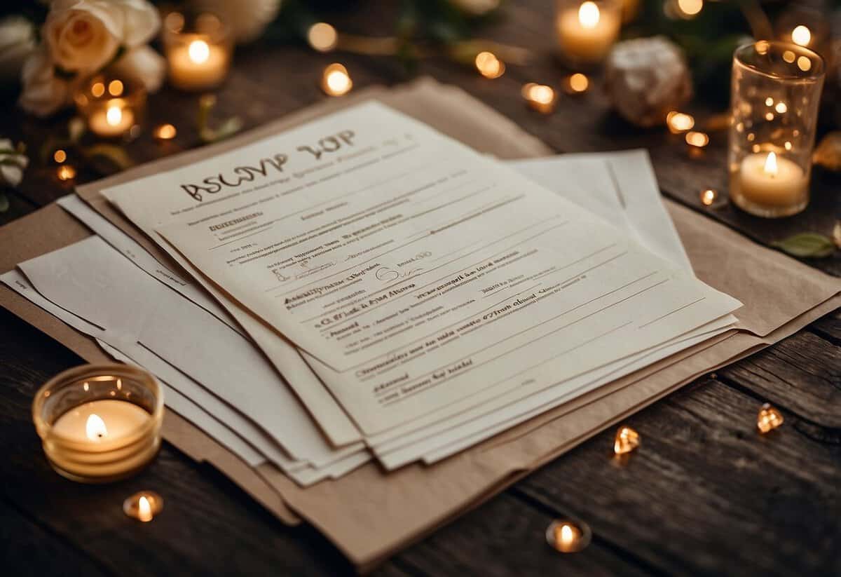 The wedding RSVP list with a mix of acceptances and regrets, surrounded by a variety of factors like distance, scheduling conflicts, and personal circumstances