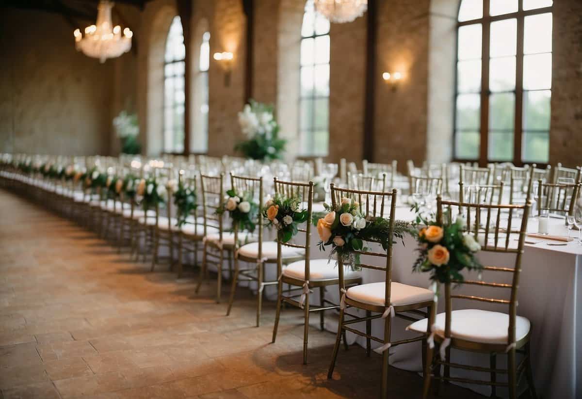 A wedding venue with rows of empty chairs and a decorated altar, awaiting the arrival of guests