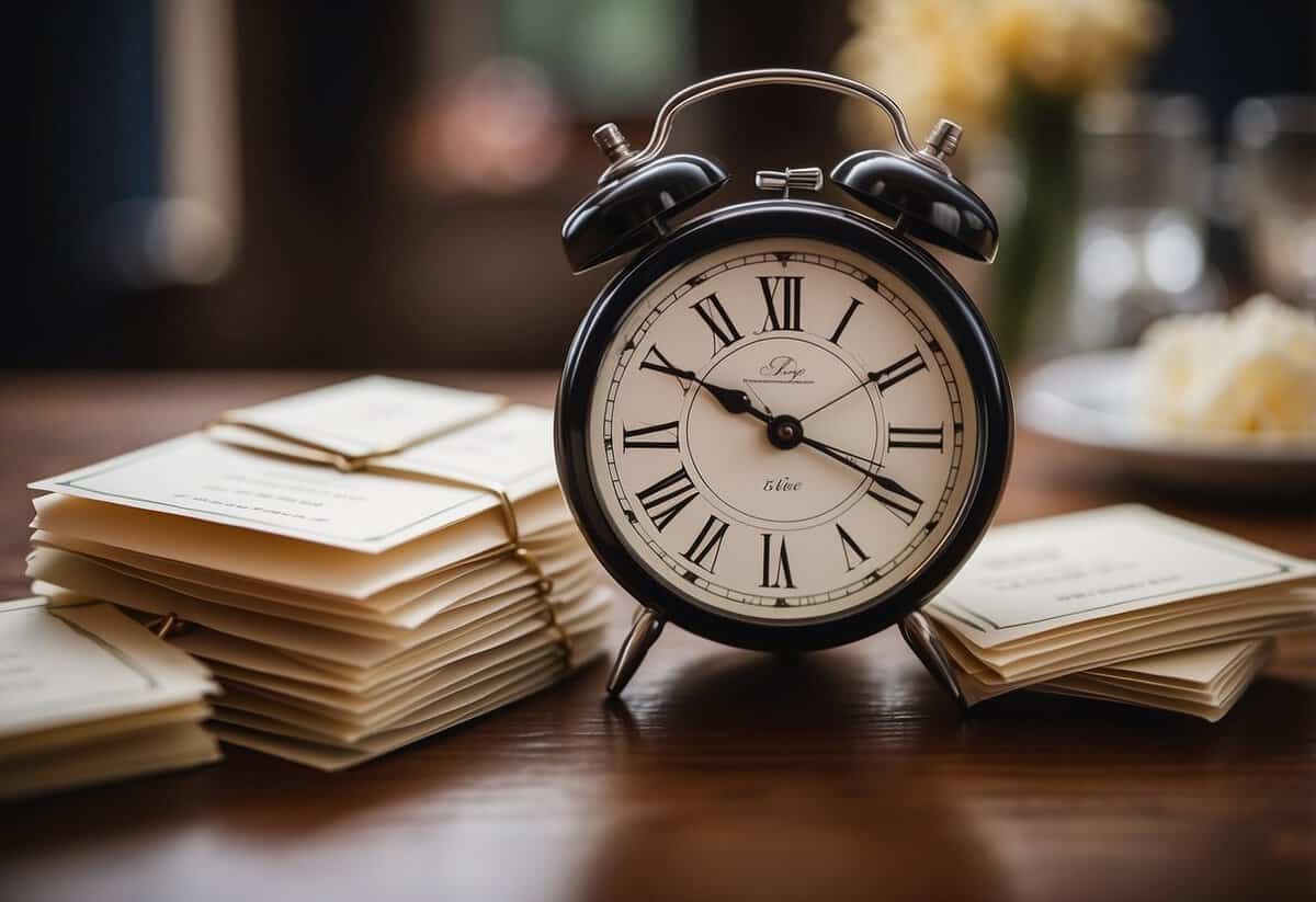 A stack of unopened wedding invitations, scattered on a table with a clock in the background showing the time nearing the wedding date