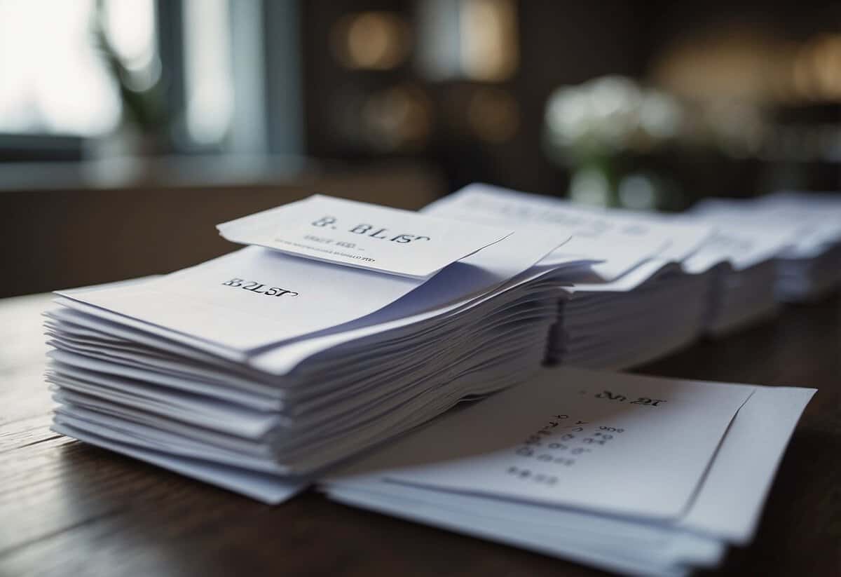 A stack of unopened envelopes labeled "B-List" invitations sits on a table, alongside a calendar showing the approaching wedding date. The room is filled with a mix of practicality and emotion