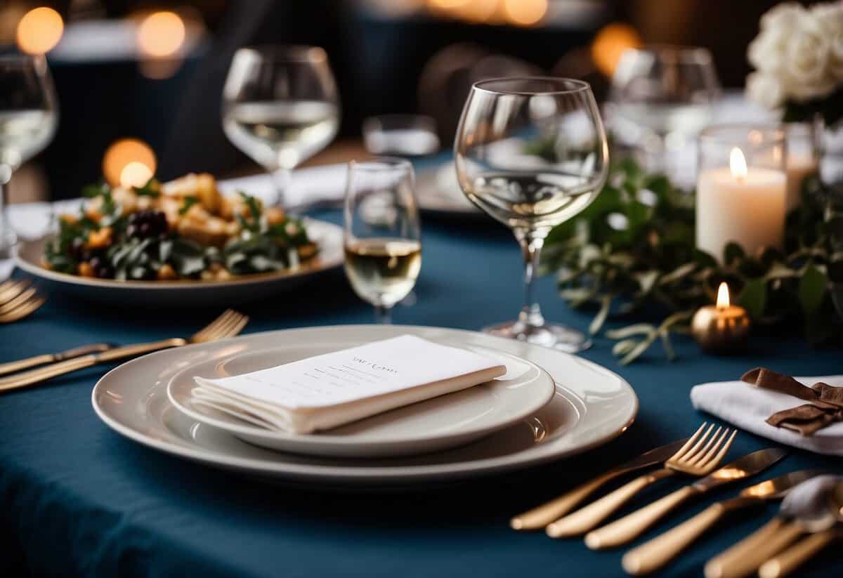 A table set with elegant place settings, a stack of RSVP cards, and a menu featuring gourmet meal options