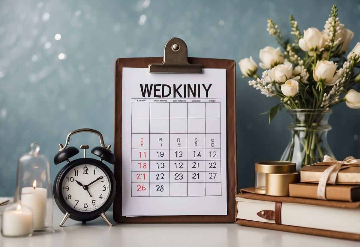 A calendar with the wedding date circled. A checklist with items to add to a registry. A clock showing the countdown to the wedding