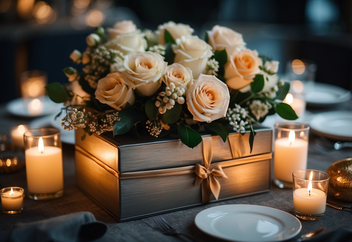 A table with a decorative box for wedding gift envelopes, surrounded by elegant floral centerpieces and soft candlelight