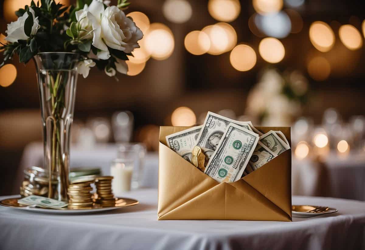 A decorative envelope filled with cash sits on a beautifully adorned gift table at a wedding reception