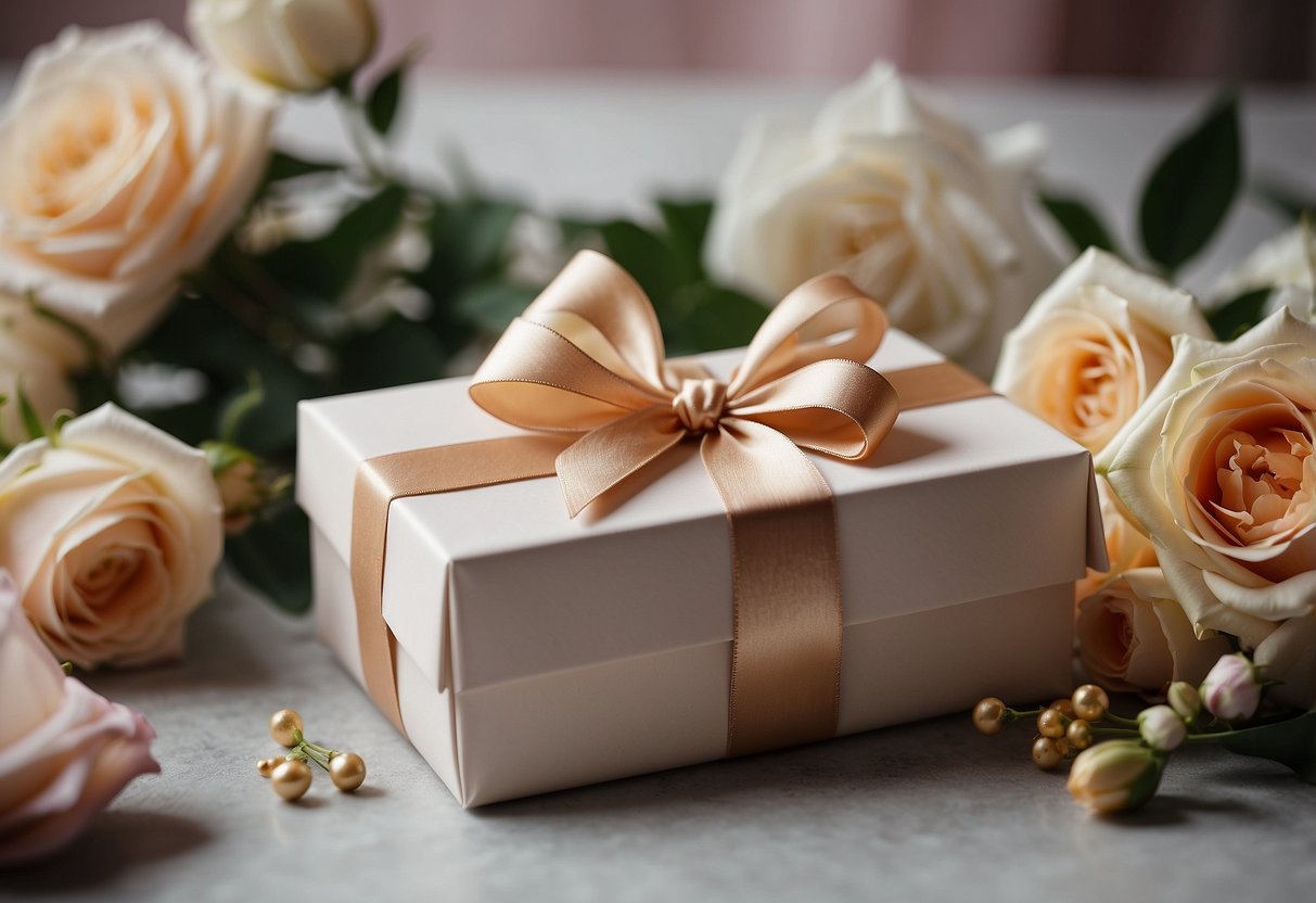 A beautifully wrapped gift box with a ribbon and bow, surrounded by elegant wedding decor and flowers