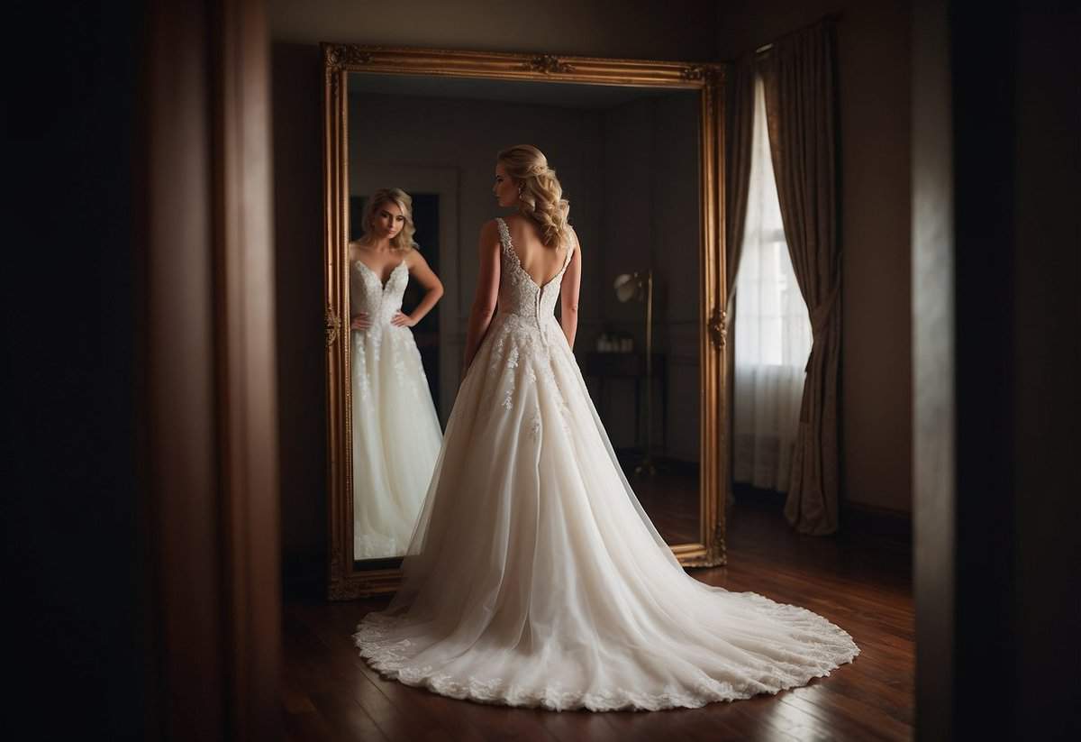 A bride stands in front of a full-length mirror, her wedding dress hidden behind her. She looks over her shoulder, anticipating her future husband's reaction