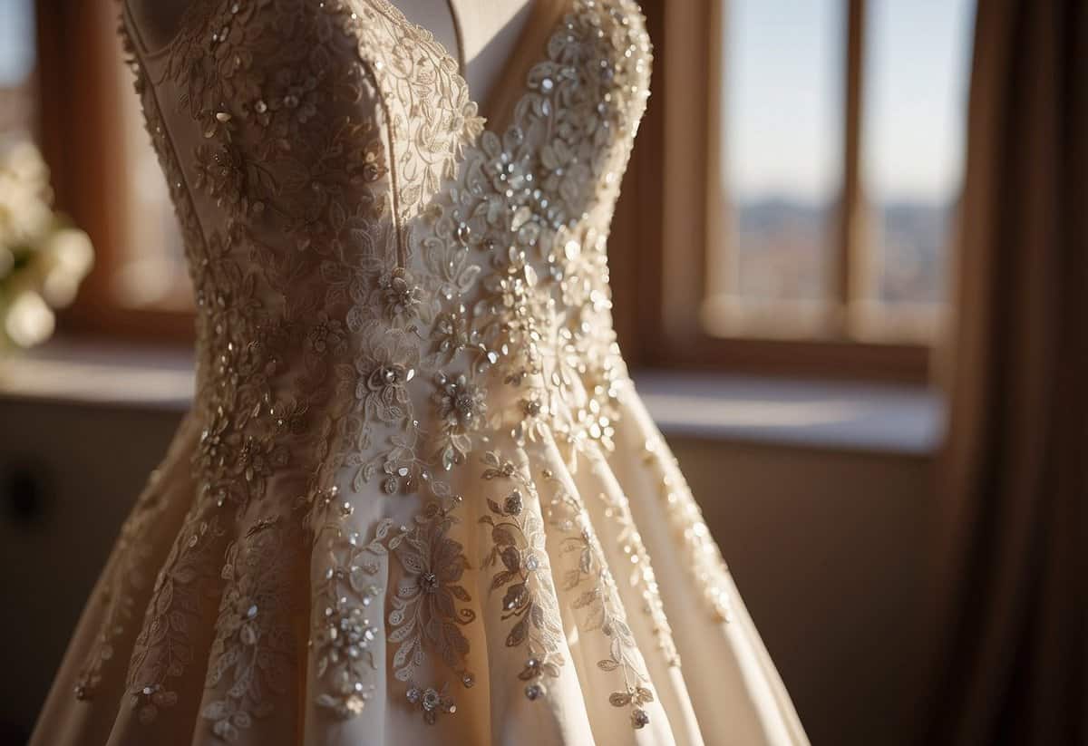 A wedding dress hangs on a hanger in a sunlit room, surrounded by delicate lace and intricate beading. The fabric shimmers in the light, creating a sense of anticipation and excitement