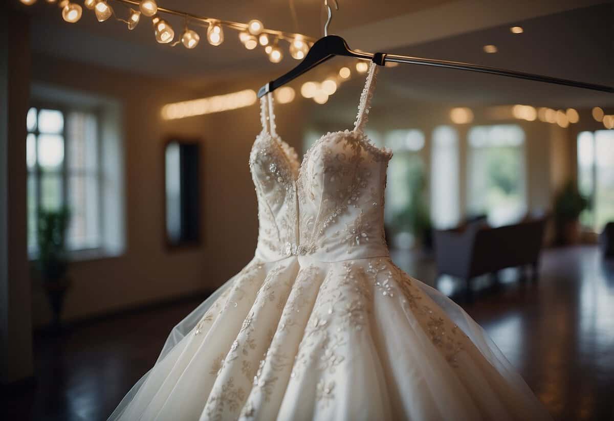 A bride's wedding dress hangs on a hanger, waiting to be seen by her future husband on their special day