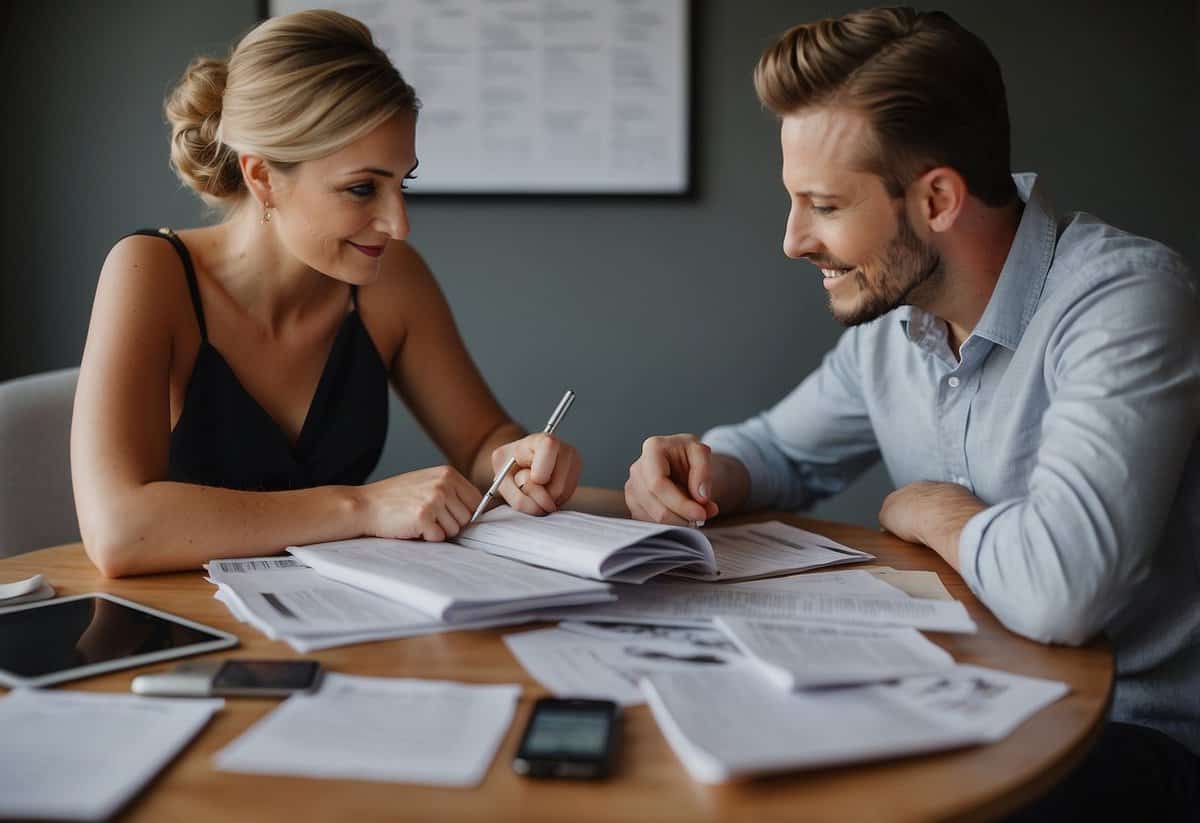 A couple sits at a table, surrounded by wedding magazines and a budget spreadsheet. They are deep in discussion, with concerned expressions as they try to figure out how to plan a beautiful wedding without breaking the bank