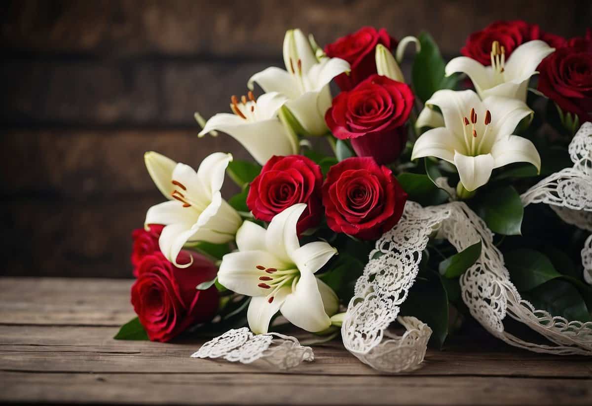 A heart-shaped bouquet of red roses and white lilies, intertwined with a delicate lace ribbon, sits on a vintage wooden table