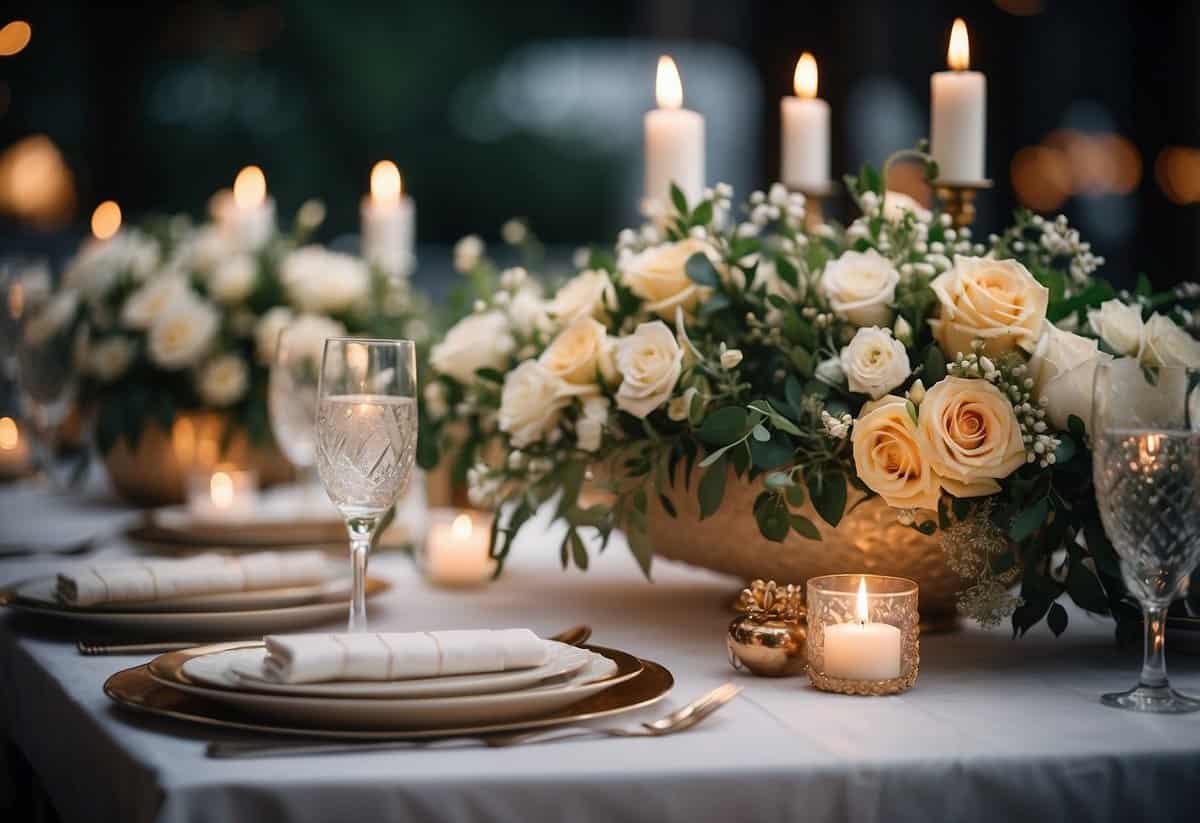 A beautifully set table with elegant place settings, floral centerpieces, and glowing candles