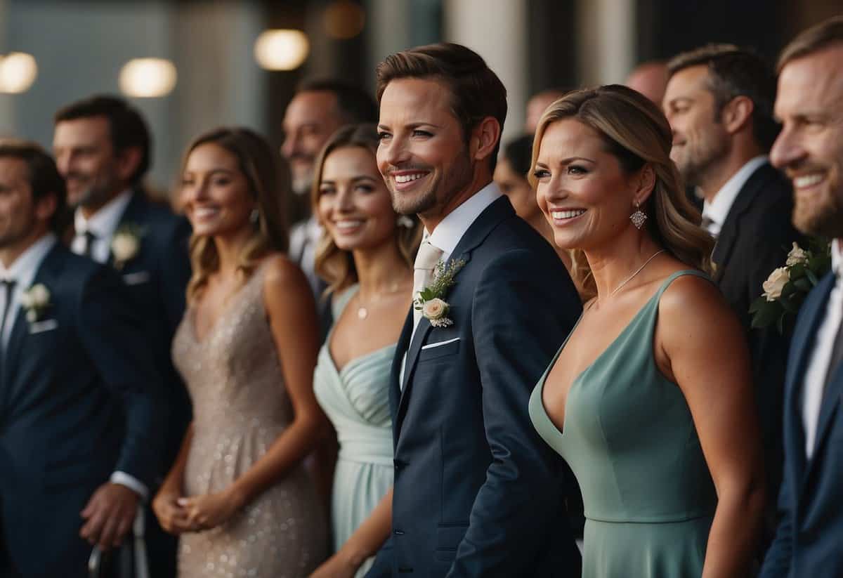 A group of elegantly dressed wedding guests stand in a line, smiling and waving as they are introduced at the reception