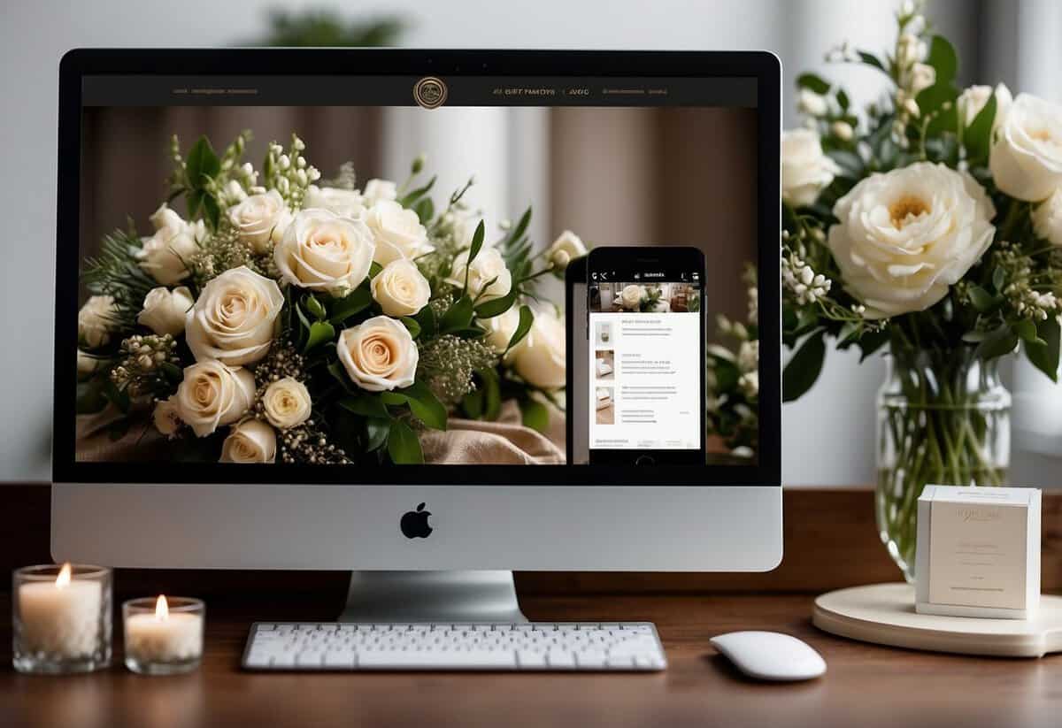 A wedding website with a registry and gift guidelines displayed on a computer screen, surrounded by elegant floral decorations and a pair of wedding rings