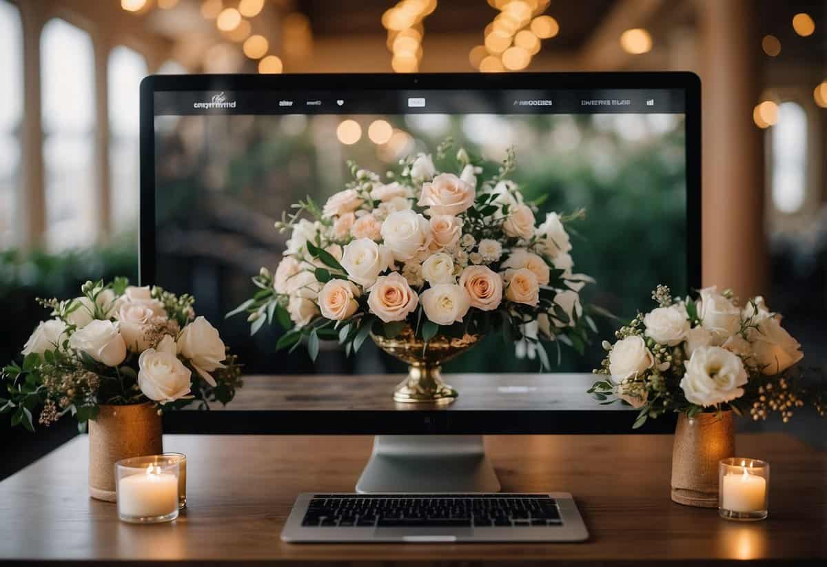 A computer screen displaying a wedding website with various pictures of the venue, decor, and details such as flowers, cake, and seating arrangements