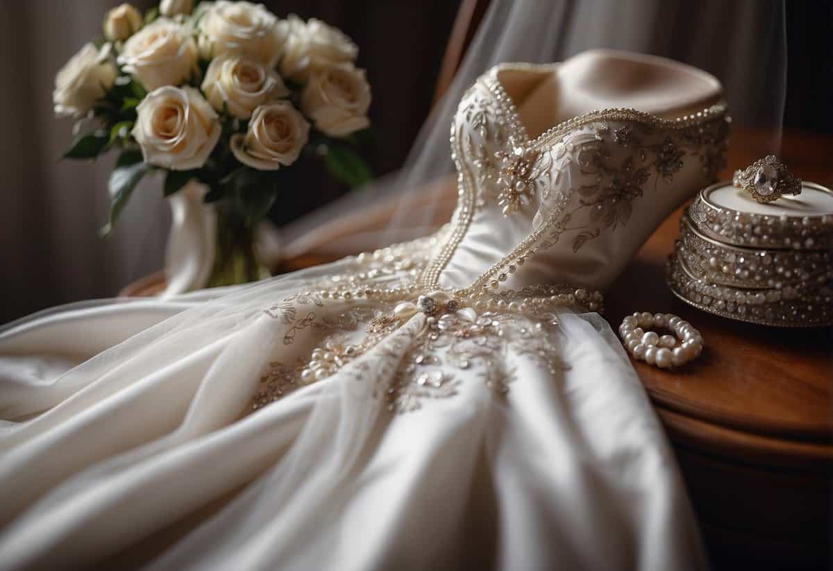 A table displaying a checklist of wedding dress items: veil, shoes, garter, jewelry, and accessories