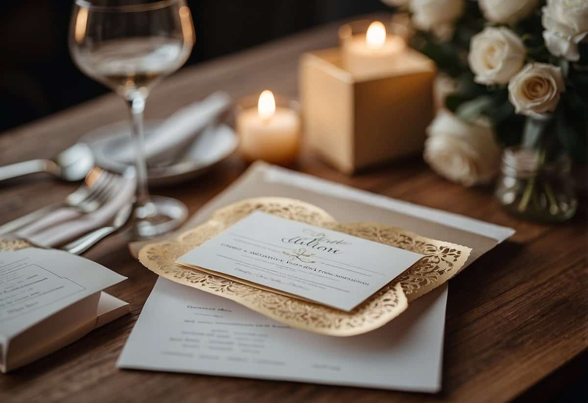 A table with wedding invitations, a checklist, and various items to buy for the wedding