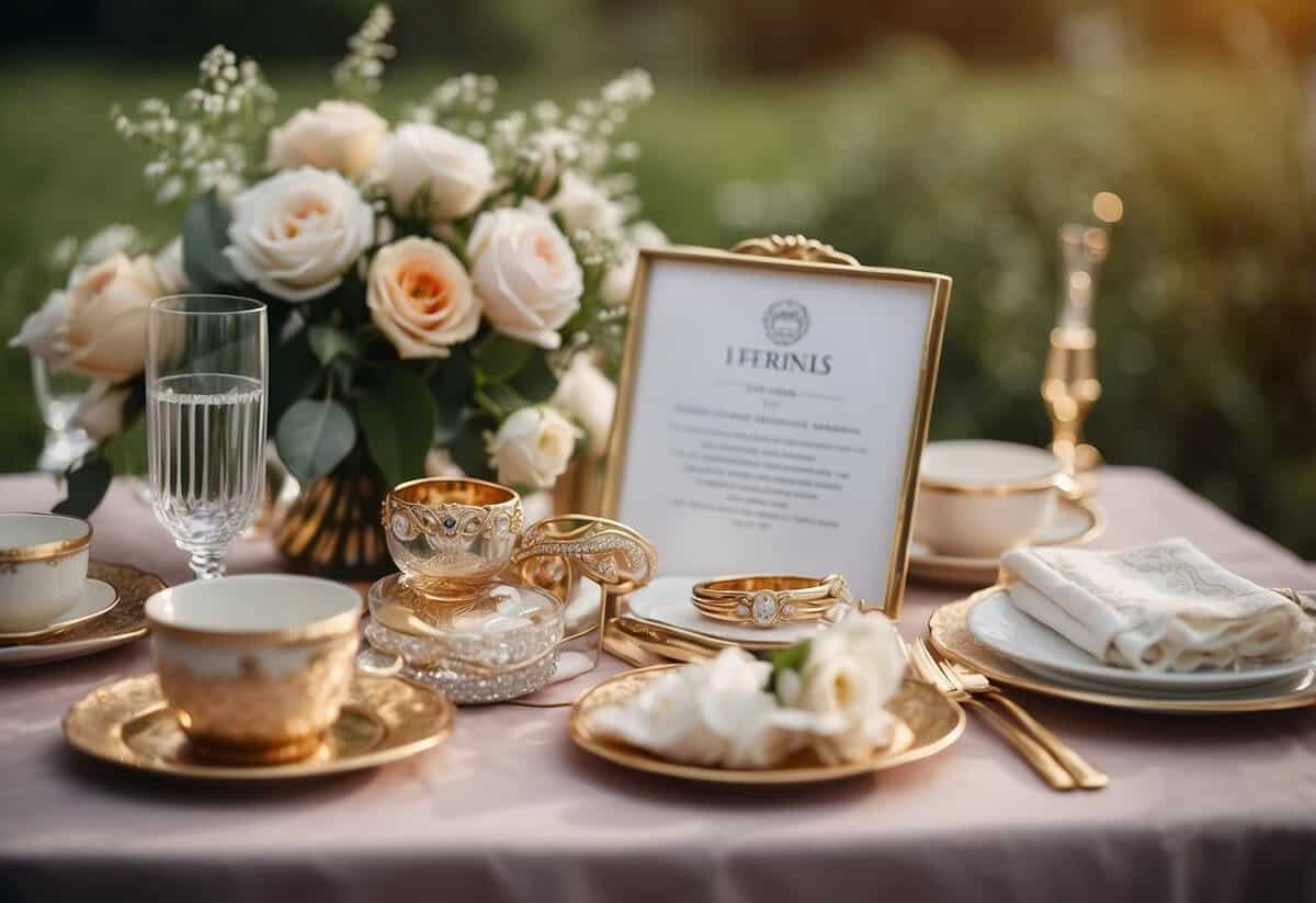 A table with a checklist of wedding items, surrounded by flowers and bridal accessories