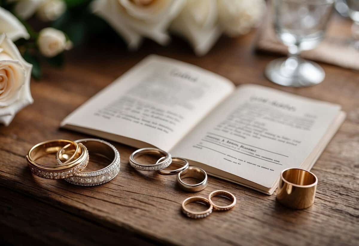 A table with a list of wedding bands, surrounded by items to buy for a wedding, such as flowers, invitations, and decorations