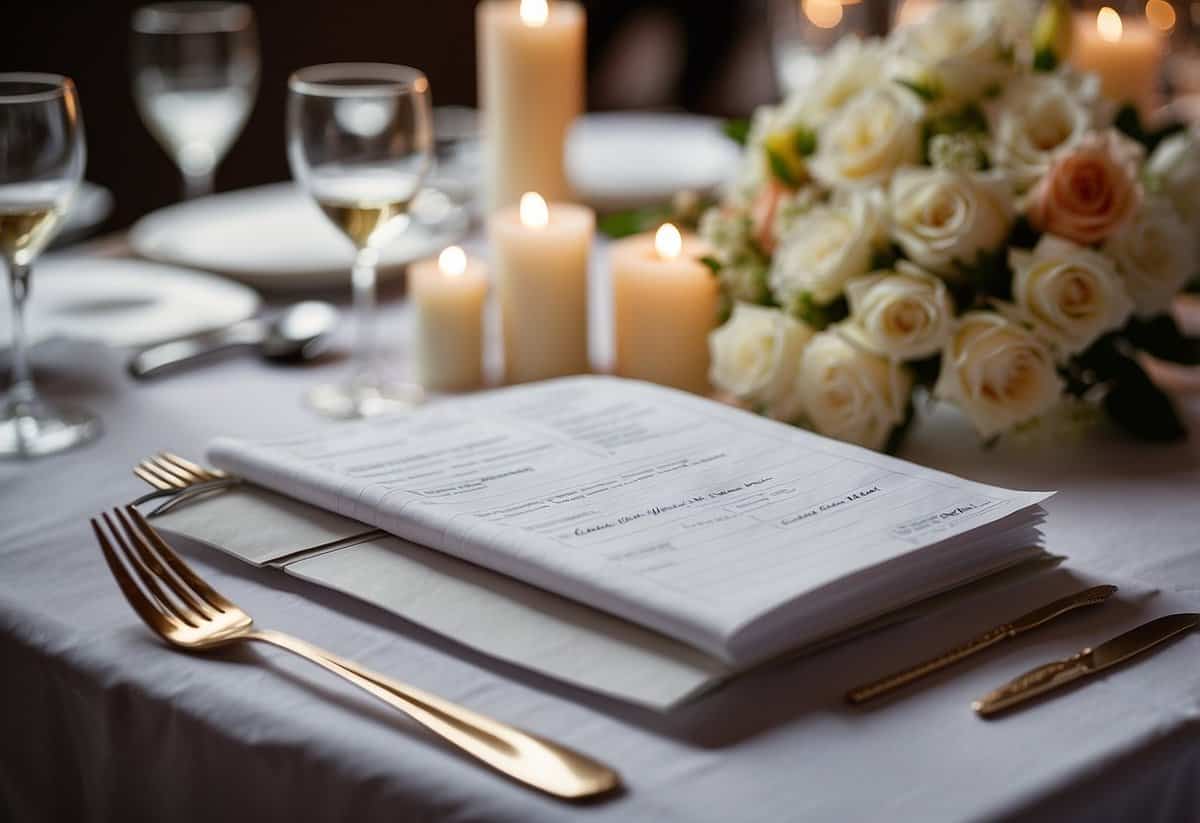 A table covered in a white tablecloth with a list of wedding items written on a notepad, surrounded by colorful swatches and samples