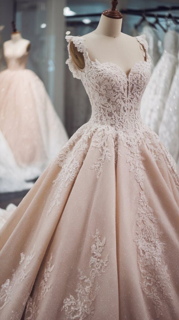 A mannequin displays an elegant pale pink ball gown with intricate lace detailing. Another similar dress is visible in the background.