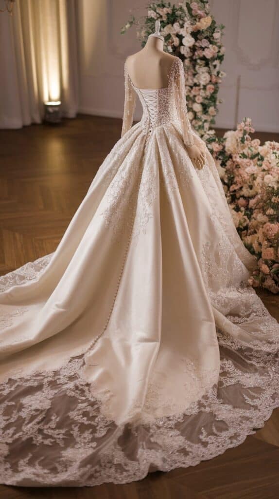 A long-sleeved, ivory wedding dress with a lace train is displayed on a mannequin, surrounded by pink and white floral arrangements.