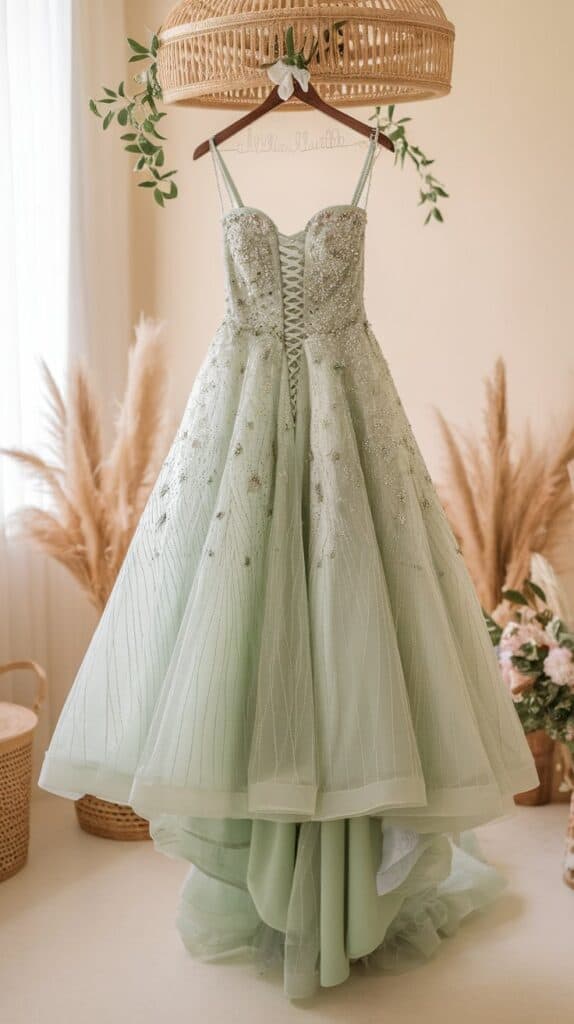 A green ball gown with spaghetti straps and intricate beadwork is on display, surrounded by pampas grass and wicker baskets. The dress features a corset-style lace-up back and a layered tulle skirt.