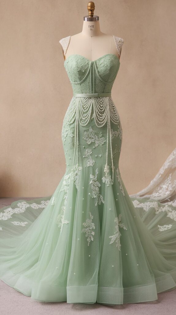 A sleeveless, mint-green lace gown with a fitted bodice, beaded details, and a flared skirt displayed on a dress form against a neutral background.