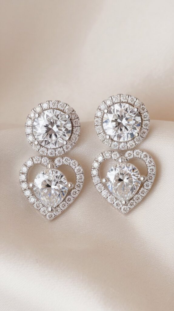 A pair of silver earrings with large round and heart-shaped gemstones, surrounded by smaller stones, displayed on a cream-colored fabric.