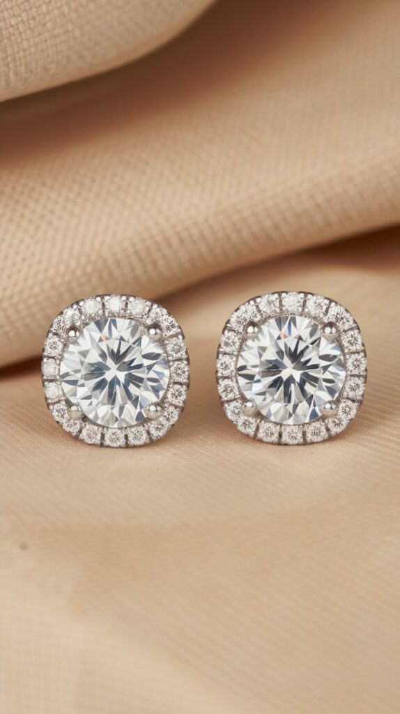 A pair of round-cut diamond earrings with a halo of smaller diamonds, set on a beige fabric background.