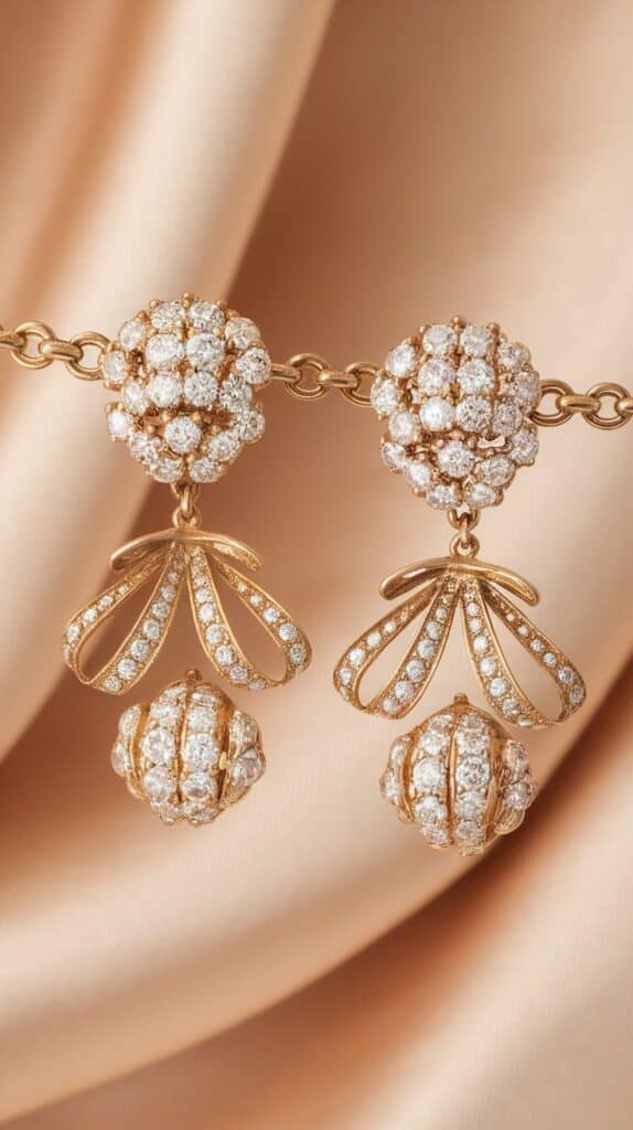 Gold and diamond drop earrings featuring floral designs, set against a beige fabric background.