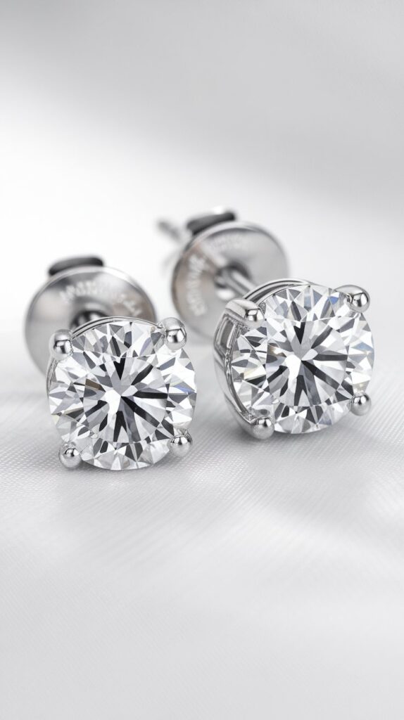 A pair of round-cut diamond stud earrings with silver settings on a white surface.