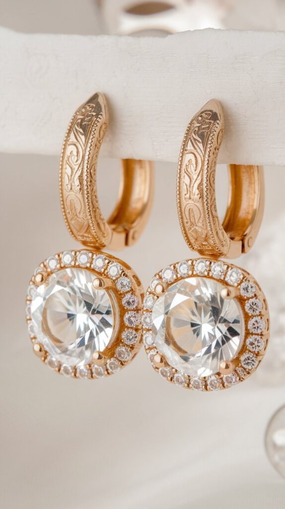 Close-up of a pair of gold earrings with intricate engravings and large central gemstones framed by smaller stones, displayed on a white surface.