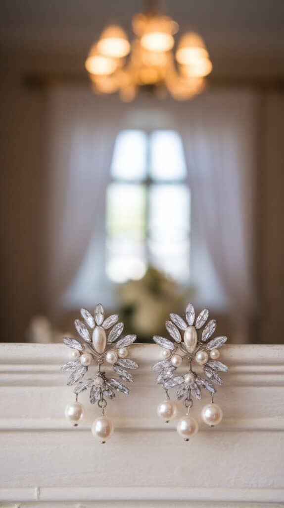 A pair of ornate, silver and pearl earrings are displayed against a blurred interior background with a window and chandelier in view.