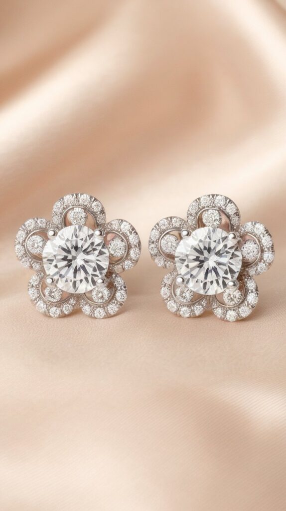 A pair of flower-shaped, diamond-studded earrings displayed on a beige fabric background.