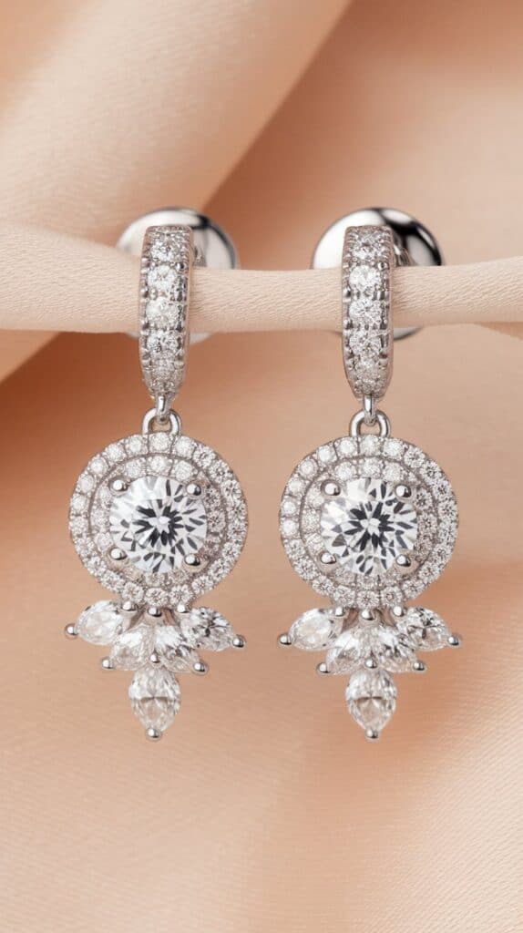 A pair of silver dangling earrings featuring round-cut gemstones and a cluster of smaller gemstones hanging from a beige fabric background.